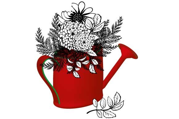 Watering Can Christmas Trees and Flowers Illustrations